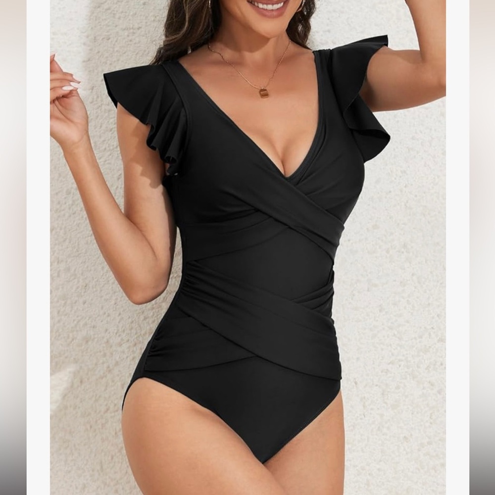 Women’s Black One Piece V-neck Swimsuit w/ Flutter Sleeve